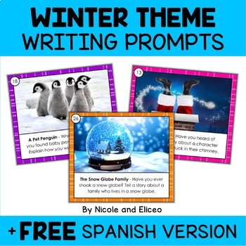 Preview of Winter Writing Prompt Task Cards + FREE Spanish