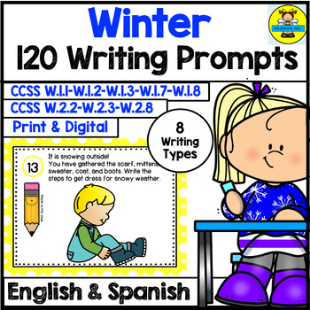 Preview of Winter Writing Prompts English and Spanish Escritura Invierno Bilingüe