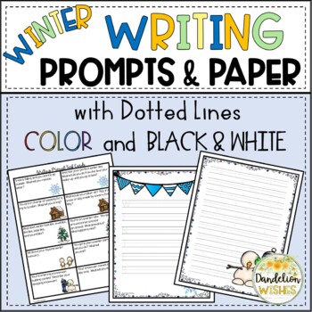 Preview of Winter Writing Prompts and Writing Paper with Dotted Lines
