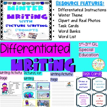 Preview of Differentiated Winter Writing with Picture Prompts Task Cards Special Education