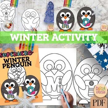 Preview of Winter activity. Superhero penguin ABC alphabet coloring
