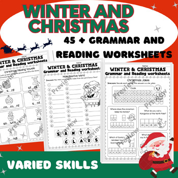 Preview of Winter and Christmas Grammar Worksheets and Reading Comprehension ELA