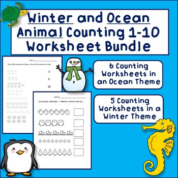 Preview of Winter and Ocean Animal Counting 1-10 Worksheet Bundle