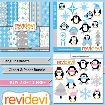 Preview of Winter clip art / cute penguins / blue, grey / teacher seller toolkit (3 packs)