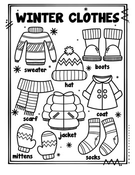 Preview of Winter clothes coloring page /Ropa de invierno p/colorear ENGLISH,SPANISH,GERMAN