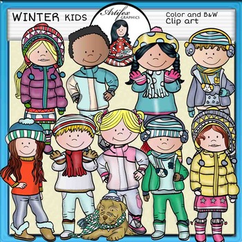Winter kids clip art- Color and B&W by Artifex | TpT