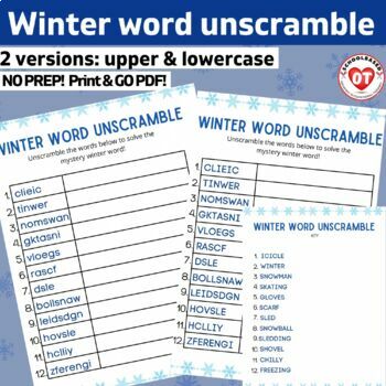 Preview of OT Winter word unscramble worksheets: upper & lowercase versions + key NO PREP