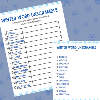 Ot Winter Word Unscramble Worksheets: Upper & Lowercase Versions + Key 