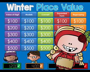 Preview of Winter Theme Jeopardy Style Game Show - PLACE VALUE - GC Distance Learning