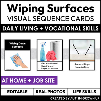 Preview of Wiping Surfaces Visual Sequence Cards | Life Skills + Job Skills | Editable