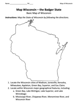 Wisconsin Map / Basic Geographical Map of the Badger State  TPT