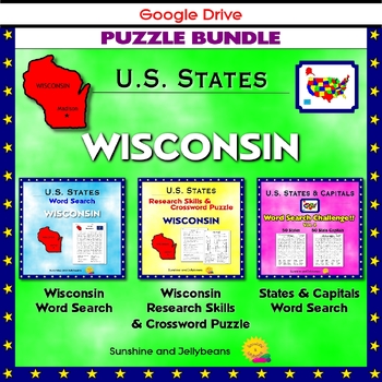 Preview of Wisconsin Puzzle BUNDLE - Word Search & Crossword Activities- US States - Google
