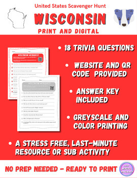 Preview of Wisconsin Webquest Scavenger Hunt - Digital - Paper - Print and GO! - Sub Plans