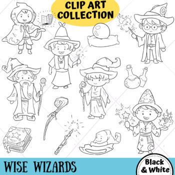 Preview of Wise Wizards Clip Art (BLACK AND WHITE ONLY)