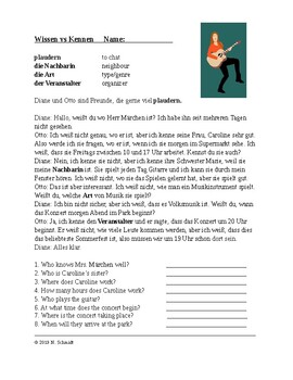 Preview of Wissen vs Kennen Deutsch Lesung: German Reading + Worksheet