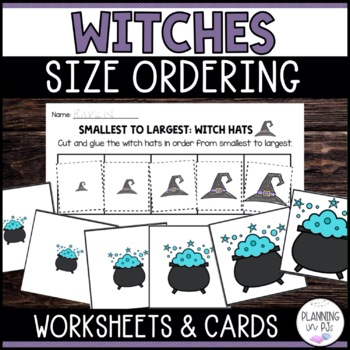 Preview of Witch Hats and Cauldrons Size Ordering Halloween | Order by Size | Cut and Glue