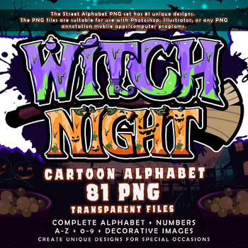 Preview of Witch Night Cartoon Graffiti Alphabet Font, 81 PNG Transparent Files