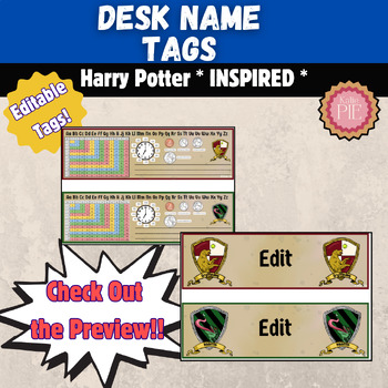 Preview of Wizard Witch Potter Magic Theme Desk Tags Edit & Print For Back to School