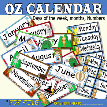 Wizard of Oz Inspired Calendar Theme, Days of the week, Months, Numbers