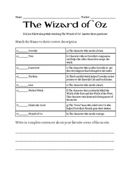 Preview of Wizard of Oz Worksheet