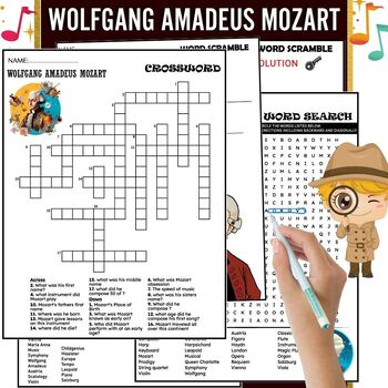Preview of Wolfgang Amadeus Mozart Biography Composer Study, PUZZLE,Wordsearch & Crossword