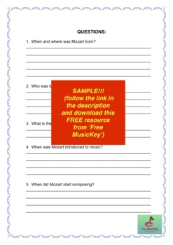 Preview of Wolfgang Amadeus Mozart: Biography Questions Worksheet + Answers! Design 1