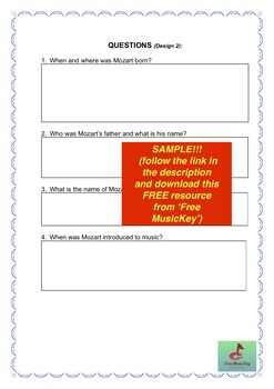 Preview of Wolfgang Amadeus Mozart: Biography Questions Worksheet + Answers! Design 2