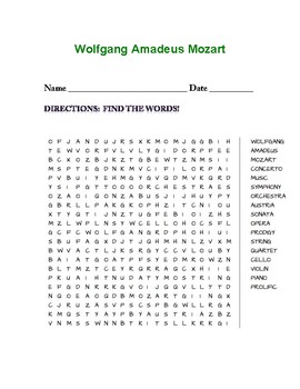 Wolfgang Amadeus Mozart (WORD SEARCH) by Curt's Journey | TPT