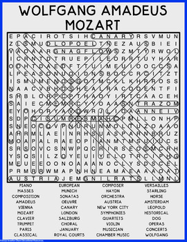 Wolfgang Amadeus Mozart Word Search by Jennifer Olson Educational Resources