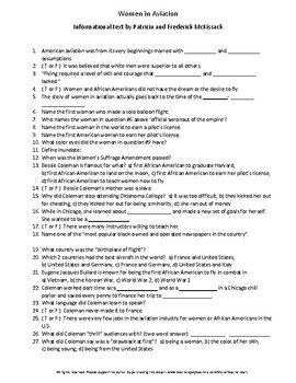 Preview of Women in Aviation Patricia Fredrick McKissack Complete Guided Reading Worksheet