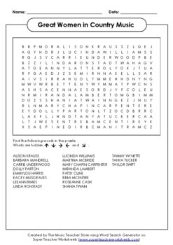 Preview of Women in Music:  Great Women in Country Music Word Search