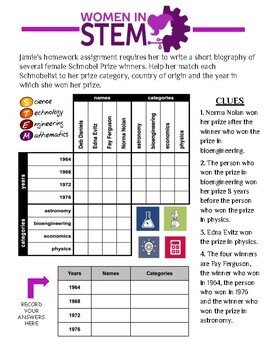 Preview of Women in STEM - Critical Thinking Grid Logic Puzzle w/ Zentangle to Color