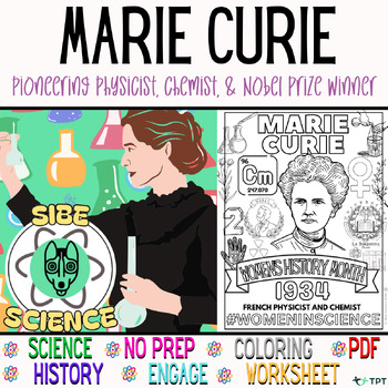 Preview of Women in STEM Science Coloring Page for Women's History Month, Marie Curie