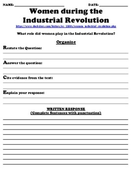 Preview of Women in the industrial Revolution R.A.C.E  Writing Assignment W/Article