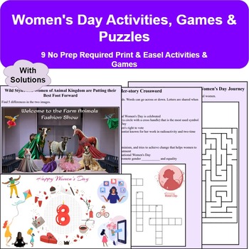Preview of Women's History Month Activities, Games & Puzzles: No Prep Print & Easel+ Sol