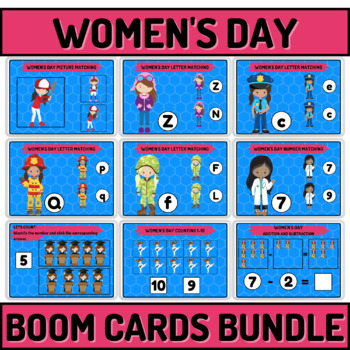 Preview of Women's Day Literacy And Counting Boom Cards For Young Learners Bundle