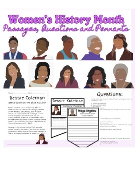 Preview of Women's History, Black History Passages, Questions, and Pennants