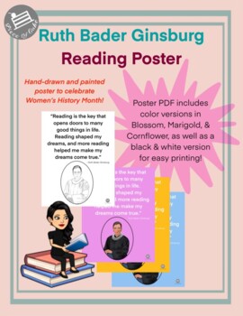 Preview of Women's History | Hand-Drawn Ruth Bader Ginsburg Reading Poster | Coloring Page