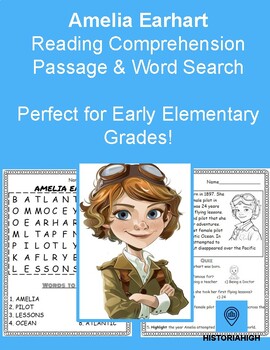 Preview of Women's History Month: Amelia Earhart Reading Passage, Quiz and Word Search