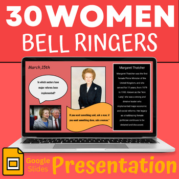 Preview of Women's History Month Bell Ringers Google Slides A Person Each Day With Videos