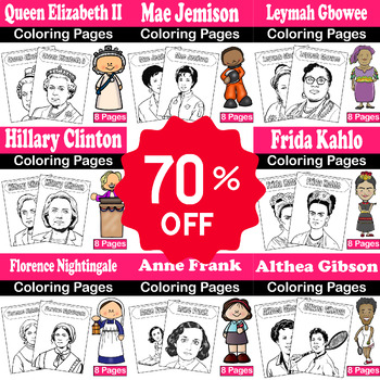 Preview of Women's History Month Bundle: 176 Coloring Pages - Frida Kahlo, Anne Frank...