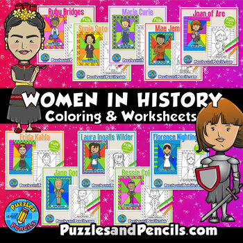 Preview of Women's History Month Coloring & Worksheets | 50 Inspirational Women in History