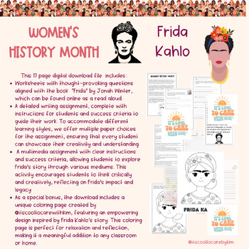 Preview of Women's History Month Frida Kahlo Worksheets, Writing, Media Assignments, more