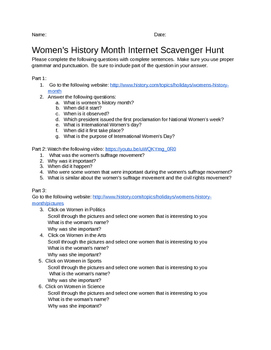 Preview of Women's History Month Internet Scavenger Hunt