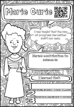 Download Women of Science Marie Curie QR CODE biography coloring activity page