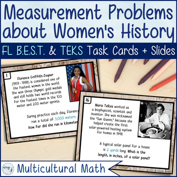 Preview of Women's History Month Measurement Conversion Task Cards - TEKS 4.8B & FL BEST