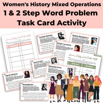 Preview of Women's History Month Mixed Operations 1 & 2 Step Word Problem Task Cards