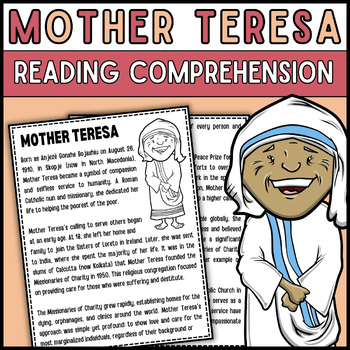 Preview of Women's History Month Mother Teresa Reading Comprehension Passage & Questions