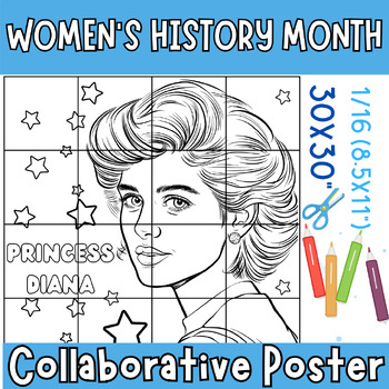 Preview of Women's History Month Princess Diana Collaborative Coloring Poster Bulletin Boar