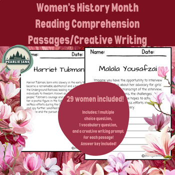 Preview of Women's History Month Reading Comprehension and Creative Writing 3rd-6th Grade